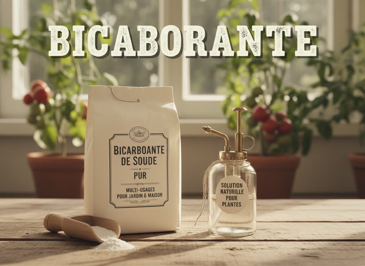 Un sachet de bicarbonate de soude de style vintage posé sur une table en bois, accompagné d'une petite cuillère et d'un pulvérisateur, avec le texte 'BICARBONATE' en superposition et des plants de tomates flous en arrière-plan.