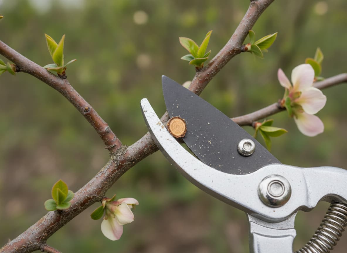 Un sécateur taille délicatement une branche défleurie d'un cognassier du Japon après sa floraison, de petites feuilles vertes apparaissent et quelques pétales fanés demeurent sur le bois.