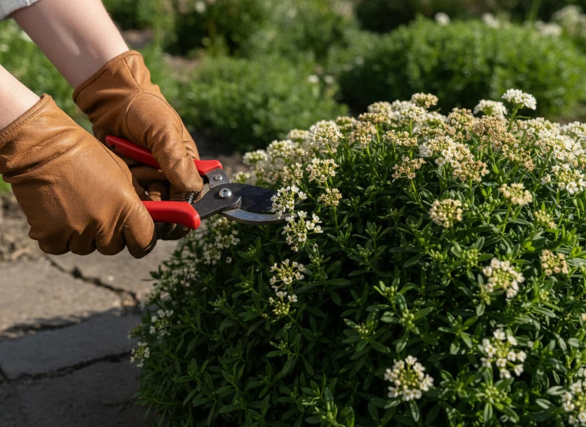 Un jardinier utilise un sécateur rouge pour tailler les fleurs blanches fanées d'une corbeille d'argent au feuillage vert dense.