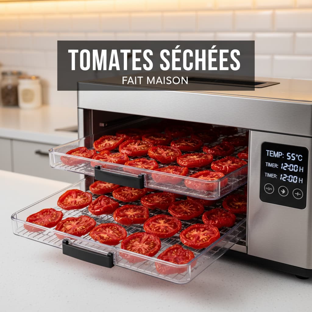 Premier plan d'un déshydrateur alimentaire avec tiroirs sortis montrant des rangées de tomates séchées à la texture fripée, dans une cuisine moderne, avec un texte superposé 'TOMATES SÉCHÉES' sur fond foncé semi-transparent.