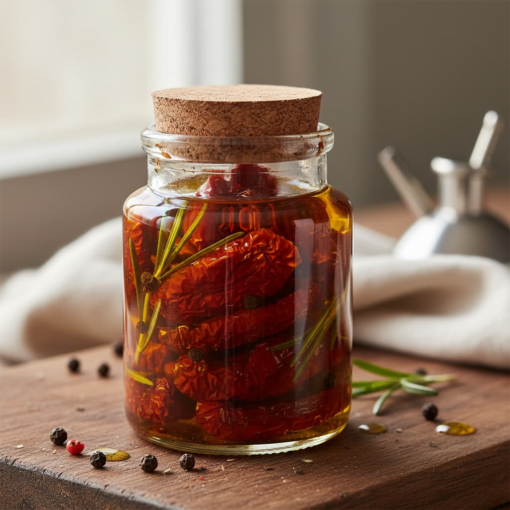 Un petit bocal en verre rempli de tomates séchées baignant dans de l'huile d'olive dorée, avec des brins de romarin et des grains de poivre, éclairé par une lumière douce.