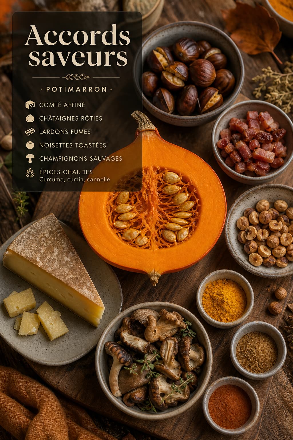 Composition culinaire automnale sur planche en bois avec un demi-potimarron, du comté, des châtaignes rôties, des lardons fumés, des noisettes grillées, des champignons frais et des ramequins d
