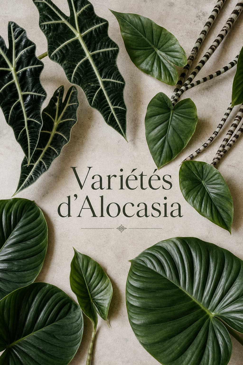 Vue de dessus d’une composition de feuilles d’Alocasia Amazonica, Zebrina et Calidora sur fond texturé neutre, avec le texte