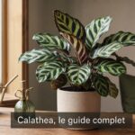 Plante Calathea luxuriante aux feuilles vertes à motifs complexes, posée sur une table en bois minimaliste près d'une fenêtre à lumière tamisée, avec un arrosoir et un vaporisateur à proximité, et le texte 'Calathea, le guide complet' centré en bas sur fond sombre semi-transparent.