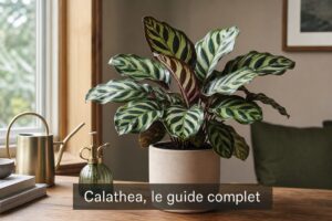 Plante Calathea luxuriante aux feuilles vertes à motifs complexes, posée sur une table en bois minimaliste près d'une fenêtre à lumière tamisée, avec un arrosoir et un vaporisateur à proximité, et le texte 'Calathea, le guide complet' centré en bas sur fond sombre semi-transparent.