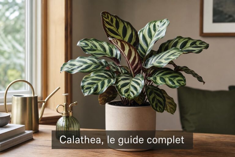 Plante Calathea luxuriante aux feuilles vertes à motifs complexes, posée sur une table en bois minimaliste près d'une fenêtre à lumière tamisée, avec un arrosoir et un vaporisateur à proximité, et le texte 'Calathea, le guide complet' centré en bas sur fond sombre semi-transparent.
