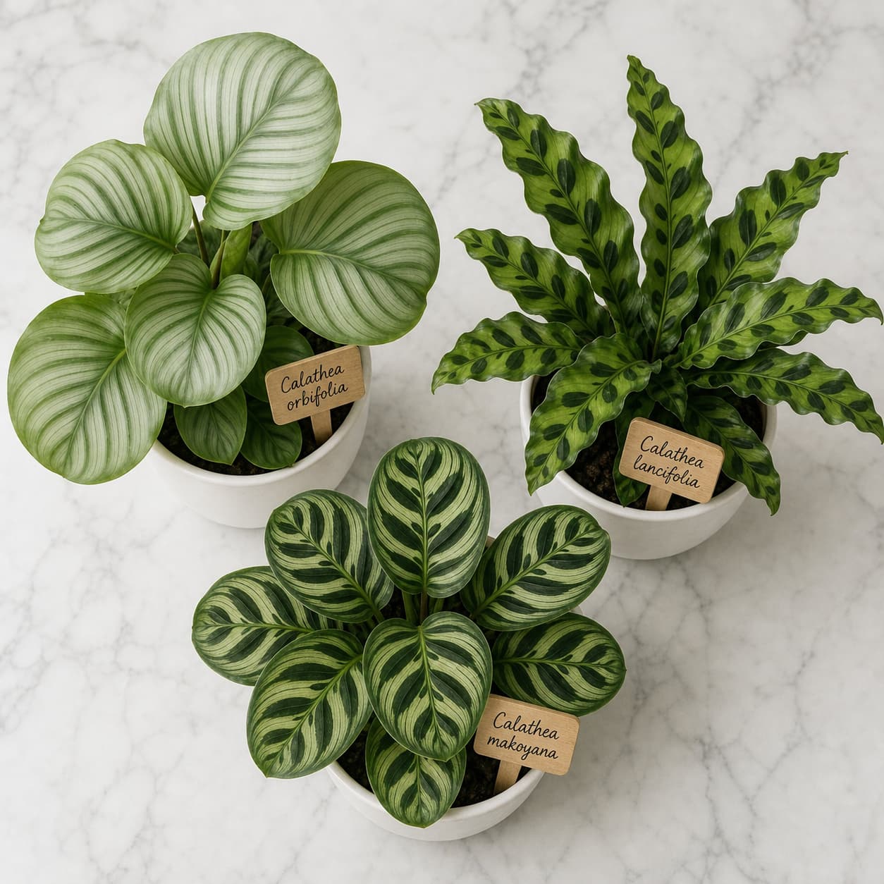 Composition à plat de trois calatheas : une orbifolia aux feuilles rondes vert argenté, une lancifolia aux feuilles allongées ondulées, et une makoyana aux motifs en plumes, disposées sur un marbre clair dans des pots blancs avec étiquettes en bois.