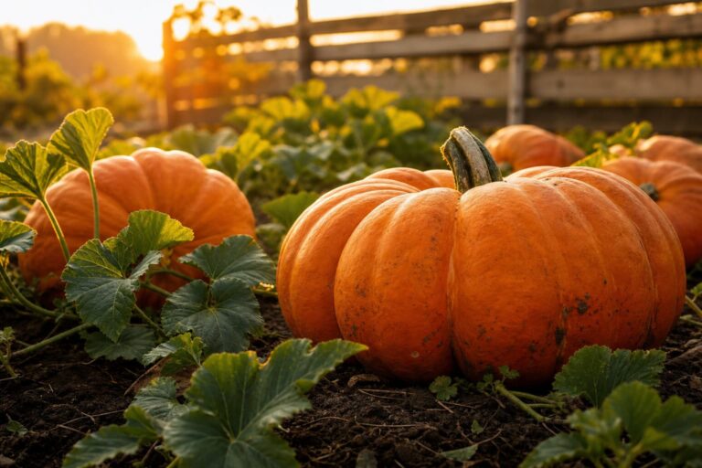Plusieurs grosses citrouilles orange posées sur un sol sombre, entourées de larges feuilles vertes, baignées par une lumière chaude de fin de journée, avec une clôture en bois floue en arrière-plan.