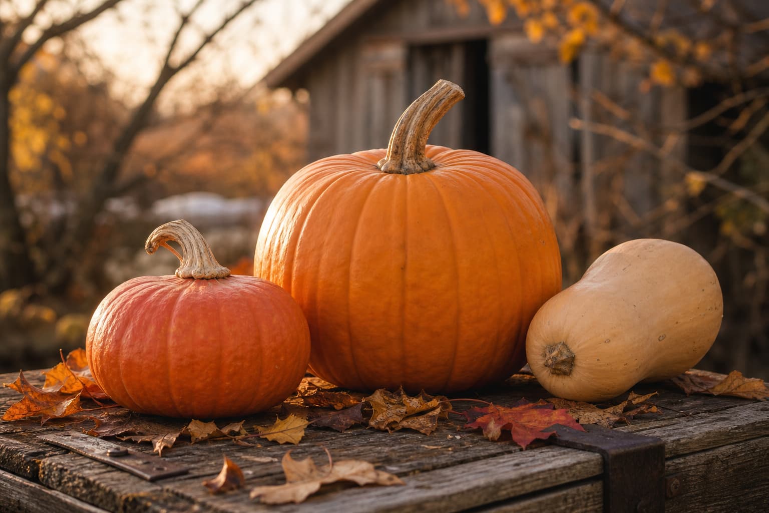 Une grosse citrouille orange, une petite citrouille foncée et une courge pâle posées sur une porte de grange en bois avec des feuilles d