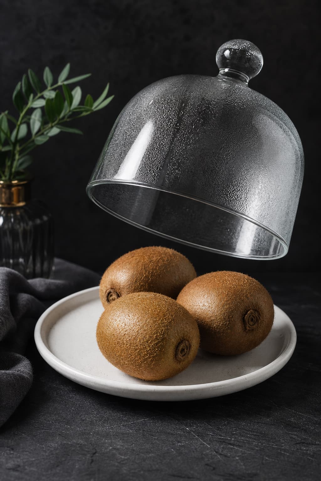 Une cloche en verre élégante légèrement soulevée dévoile trois kiwis mûrs sur une assiette en céramique blanche, posée sur une surface en ardoise sombre, avec de la condensation sur le verre et un éclairage latéral dramatique créant des ombres douces.