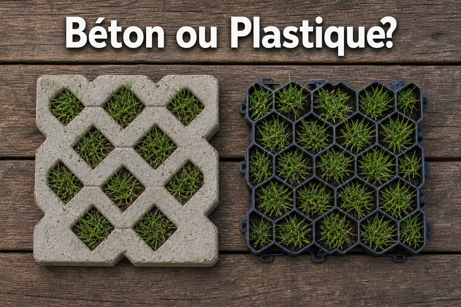Deux dalles à gazon, une en béton et une en plastique alvéolé, côte à côte sur fond en bois, avec de l