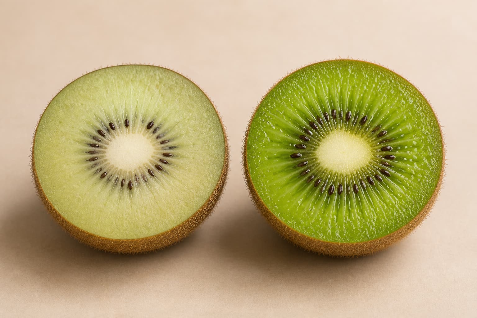Deux moitiés de kiwi sur fond beige : à gauche un kiwi non mûr à la chair vert pâle et ferme, à droite un kiwi mûr à la chair vert vif et juteuse.