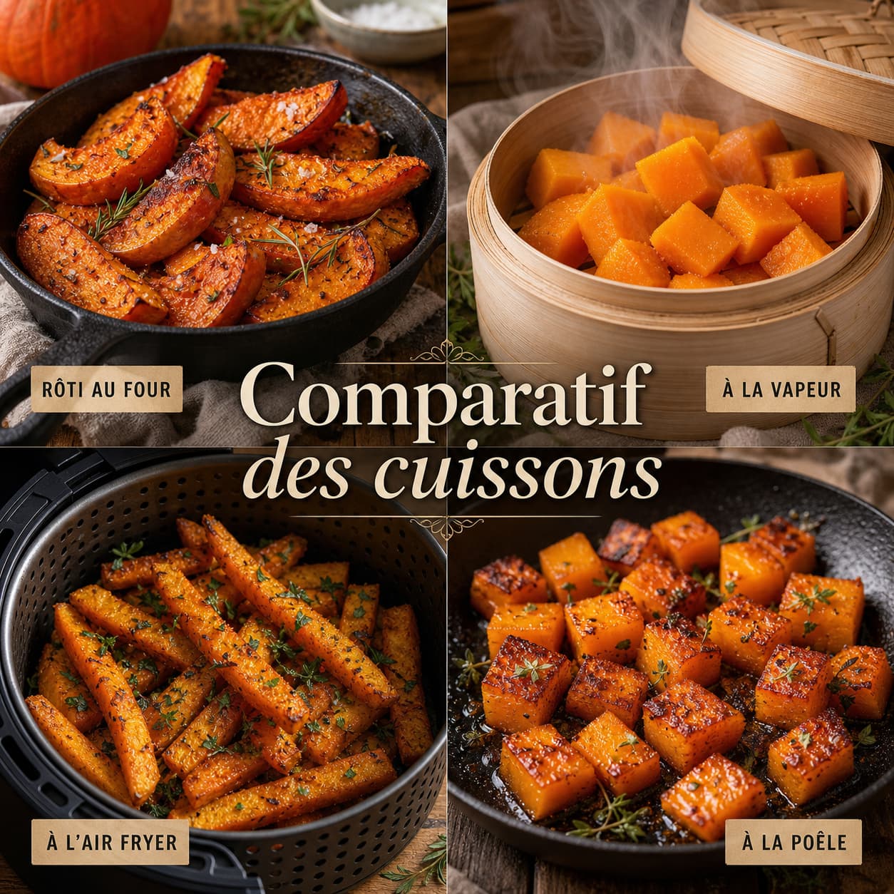 Composition en grille de quatre plats de potimarron : rôtis au four, cuits à la vapeur, en frites et poêlés, sur fond rustique.