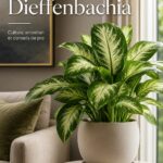 Plante dieffenbachia luxuriante dans un pot en céramique élégant, placée dans un salon moderne baigné de lumière naturelle, avec le texte superposé 'Guide complet Dieffenbachia'.
