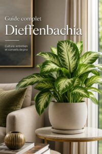 Plante dieffenbachia luxuriante dans un pot en céramique élégant, placée dans un salon moderne baigné de lumière naturelle, avec le texte superposé 'Guide complet Dieffenbachia'.