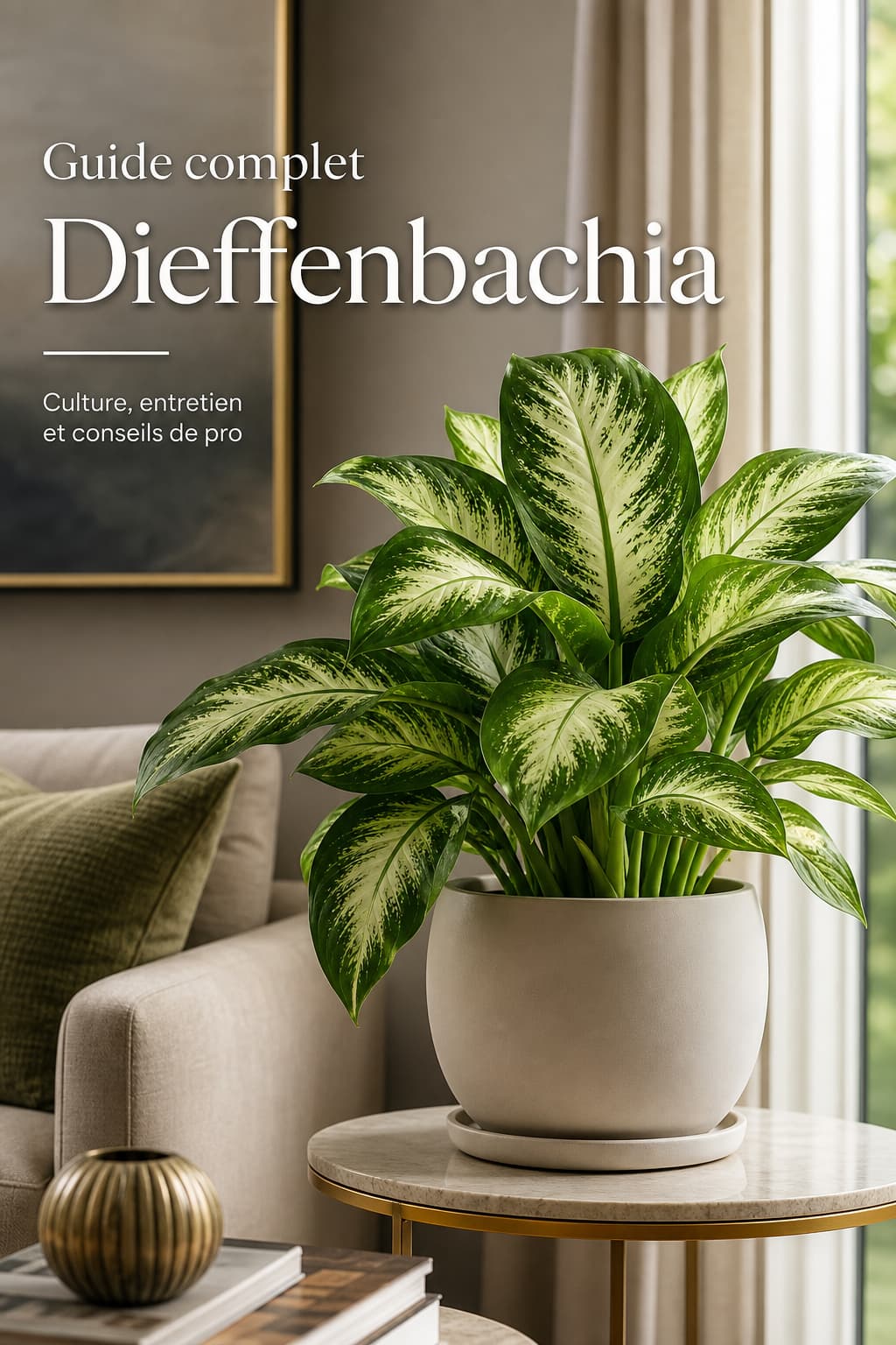 Plante dieffenbachia luxuriante dans un pot en céramique élégant, placée dans un salon moderne baigné de lumière naturelle, avec le texte superposé