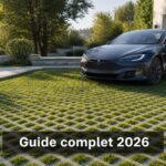 Une allée en pavés stabilisateurs de gazon, avec une voiture garée dessus, de l'herbe verte poussant à travers les ouvertures, éclairée par la lumière naturelle, et un texte en surimpression 'Guide complet 2026' centré en bas sur un bandeau semi-transparent foncé avec ombre portée.