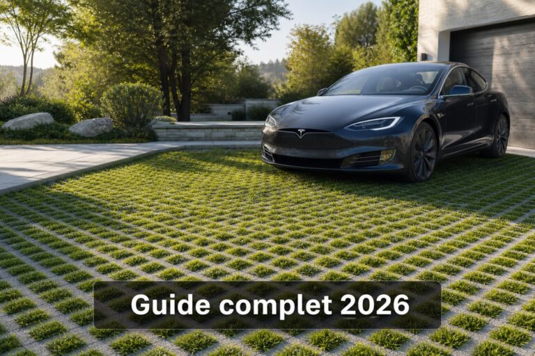 Une allée en pavés stabilisateurs de gazon, avec une voiture garée dessus, de l'herbe verte poussant à travers les ouvertures, éclairée par la lumière naturelle, et un texte en surimpression 'Guide complet 2026' centré en bas sur un bandeau semi-transparent foncé avec ombre portée.