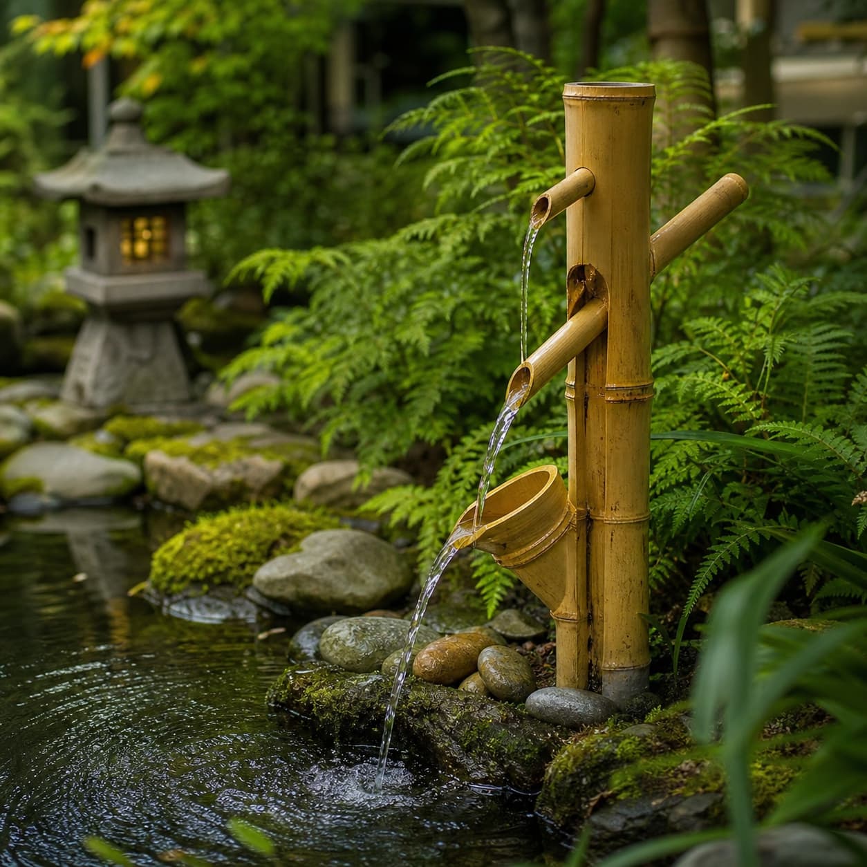 Une fontaine en bambou naturelle avec plusieurs becs, l