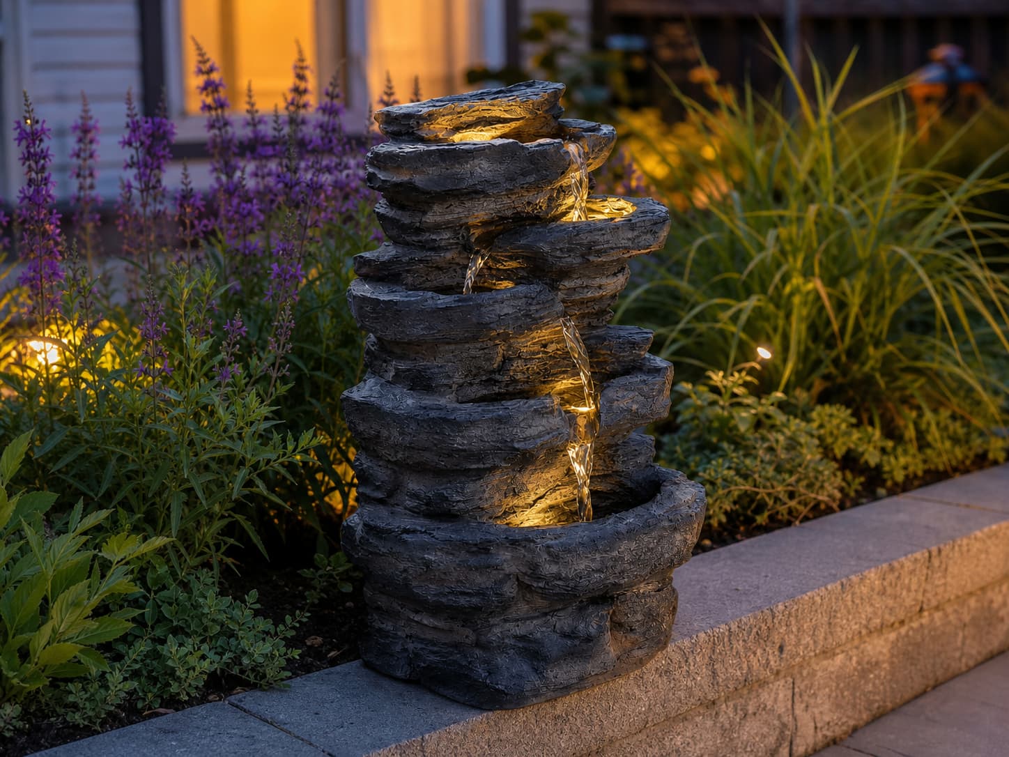 Fontaine décorative en polyrésine avec textures pierre, éclairage LED intégré et eau en cascade, illuminée au crépuscule sur une bordure de terrasse.