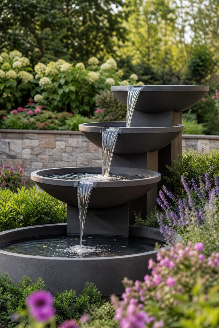 Fontaine moderne à plusieurs niveaux dans un jardin paisible, entourée de fleurs et de verdure, avec une lumière douce d'après-midi.
