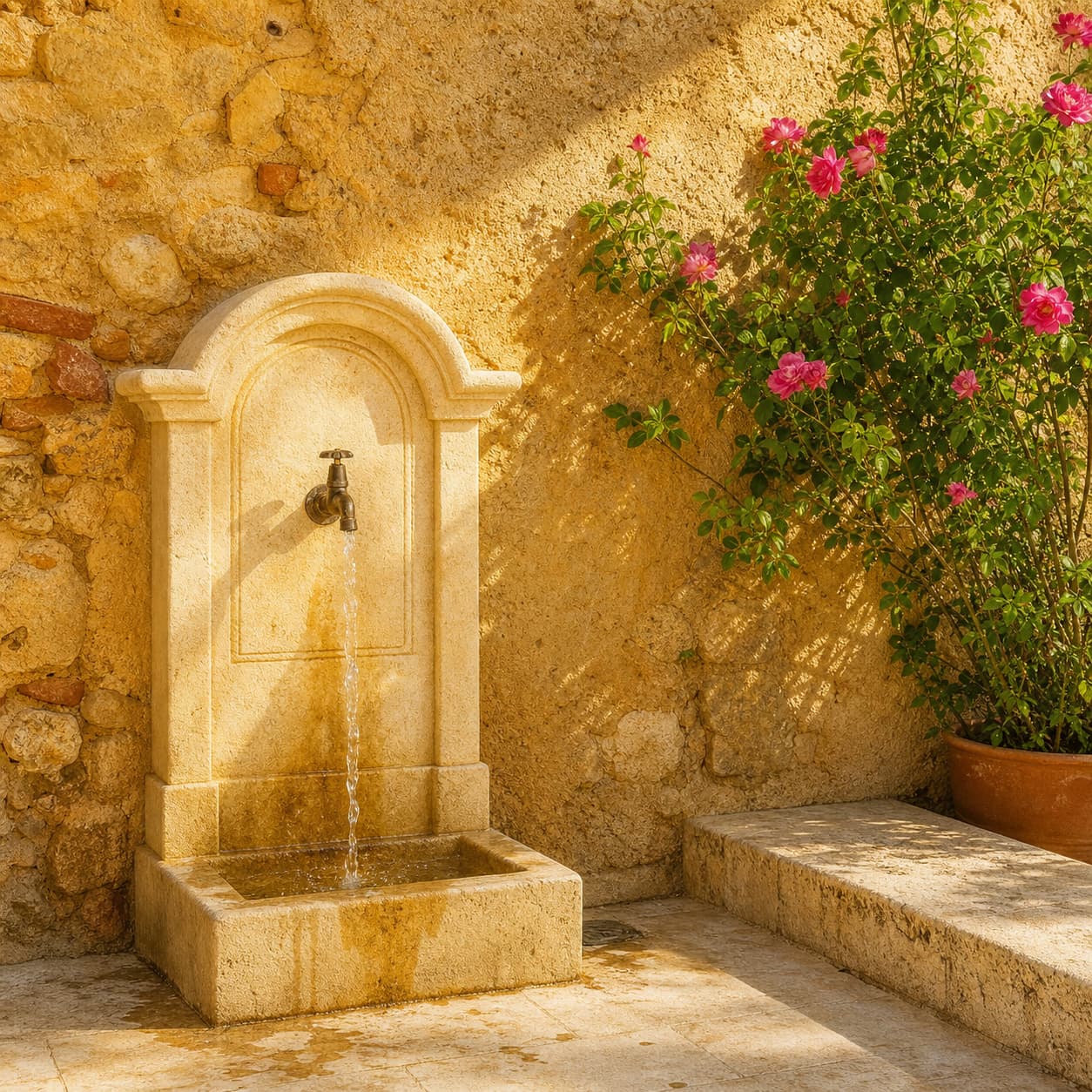 Fontaine en pierre reconstituée de couleur ocre chaude, fixée sur un mur ensoleillé, avec de l