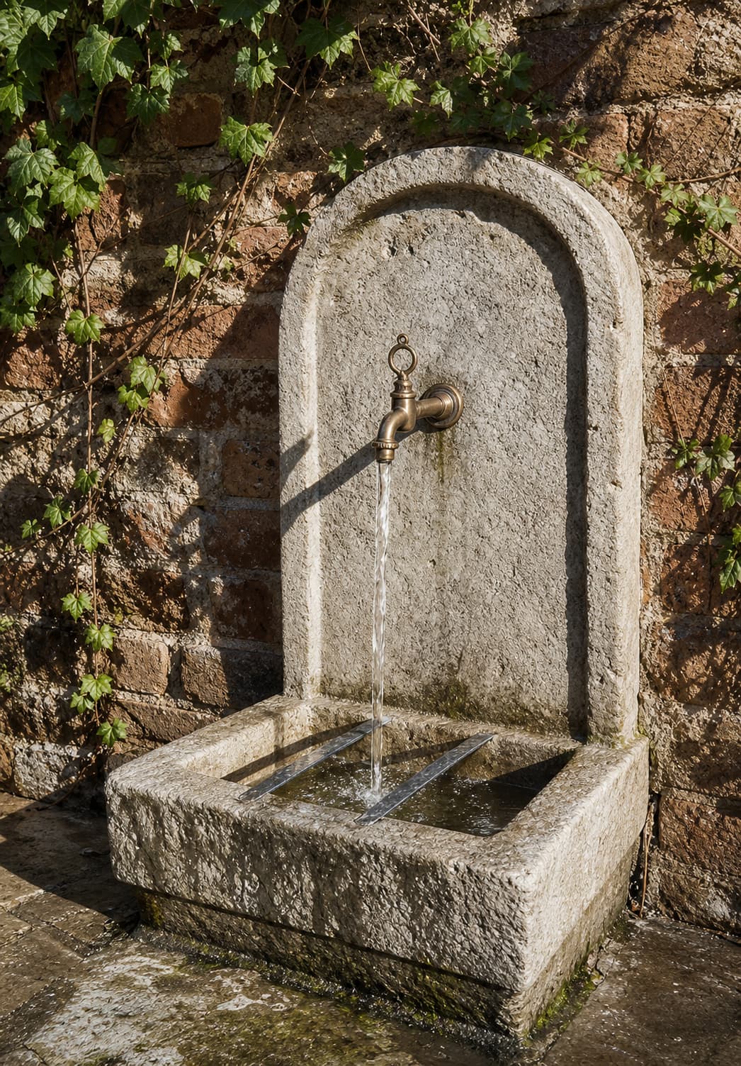 Fontaine murale rustique avec robinet antique, eau s