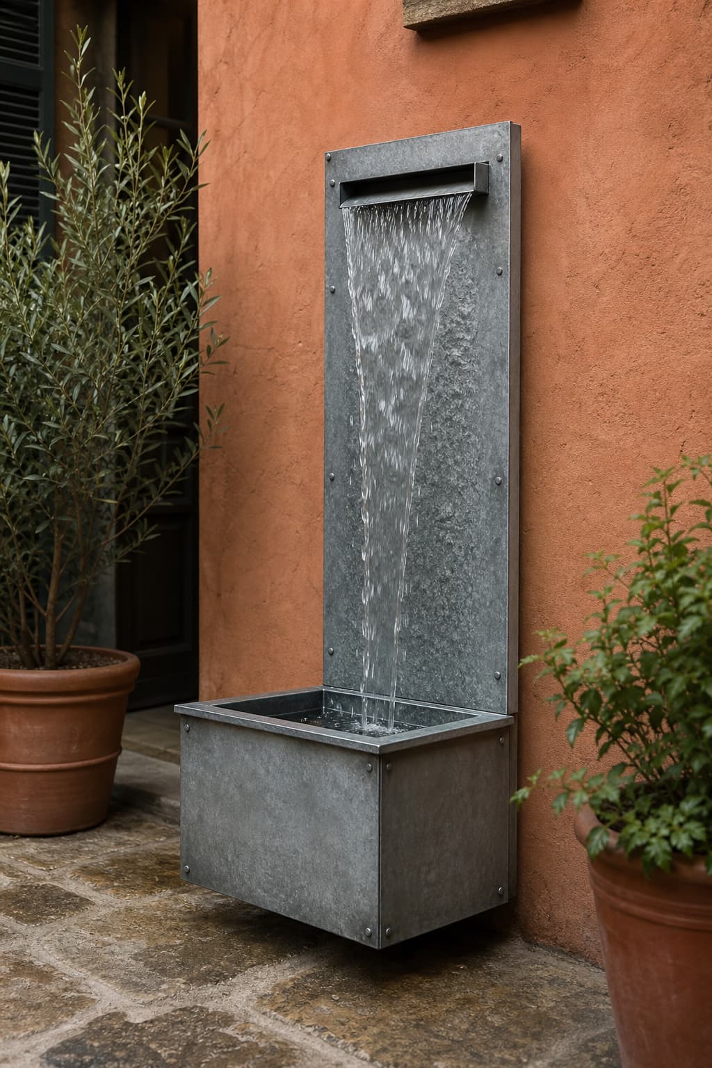 Fontaine murale en zinc au panneau métallique texturé, eau ruisselant dans un petit réservoir, installée sur un mur en terre cuite.