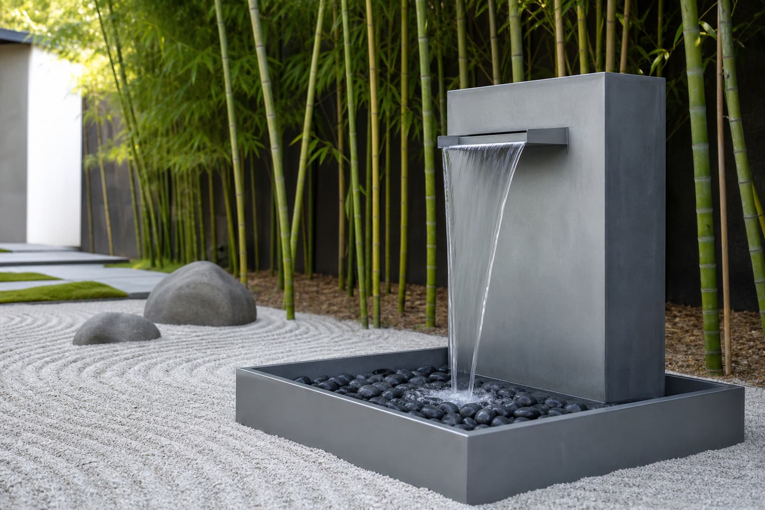 Une fontaine en zinc aux lignes épurées, avec de l