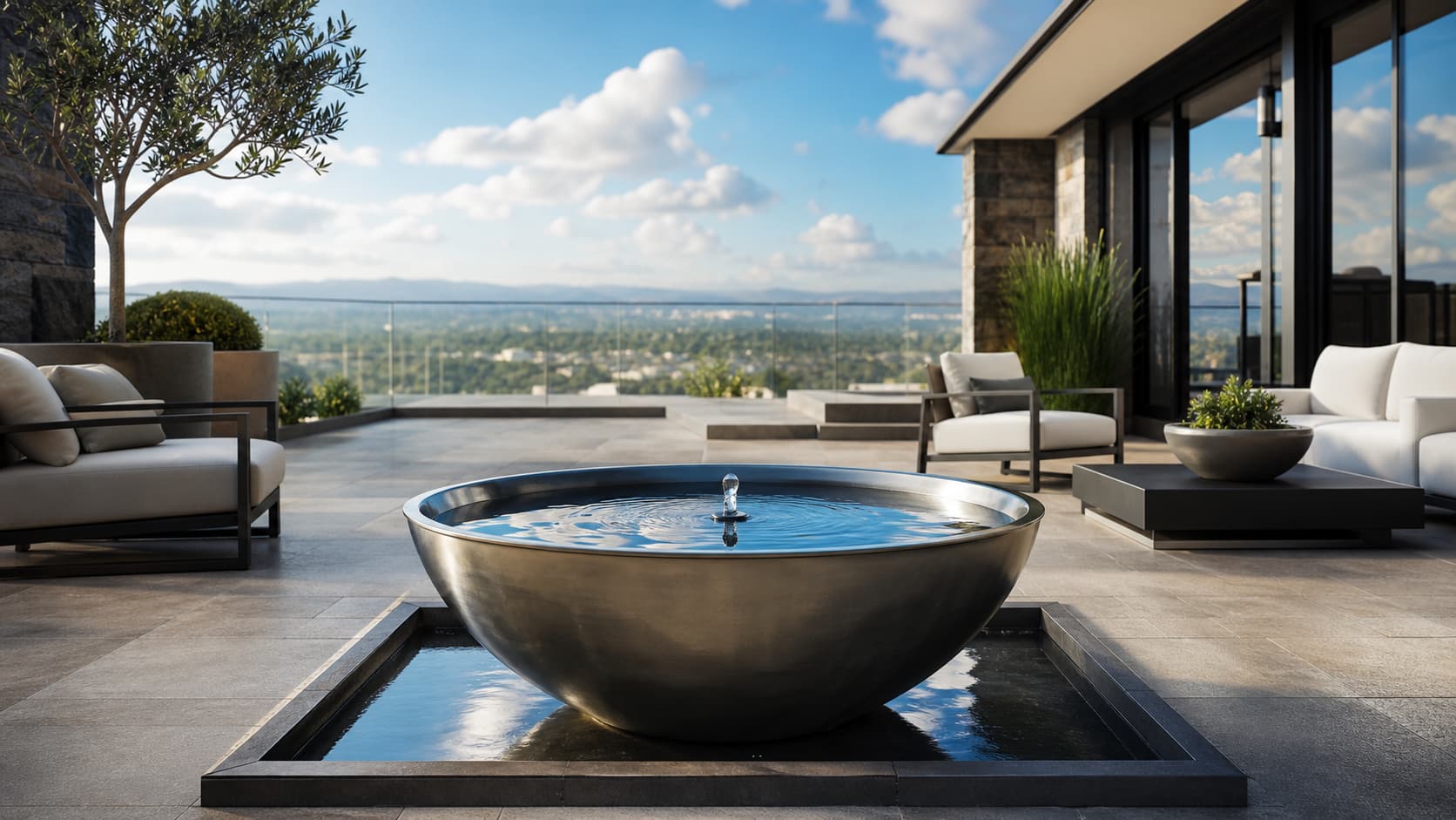Fontaine en zinc au design moderne sur une terrasse haut de gamme, entourée de chaises longues et de plantes en pot, l