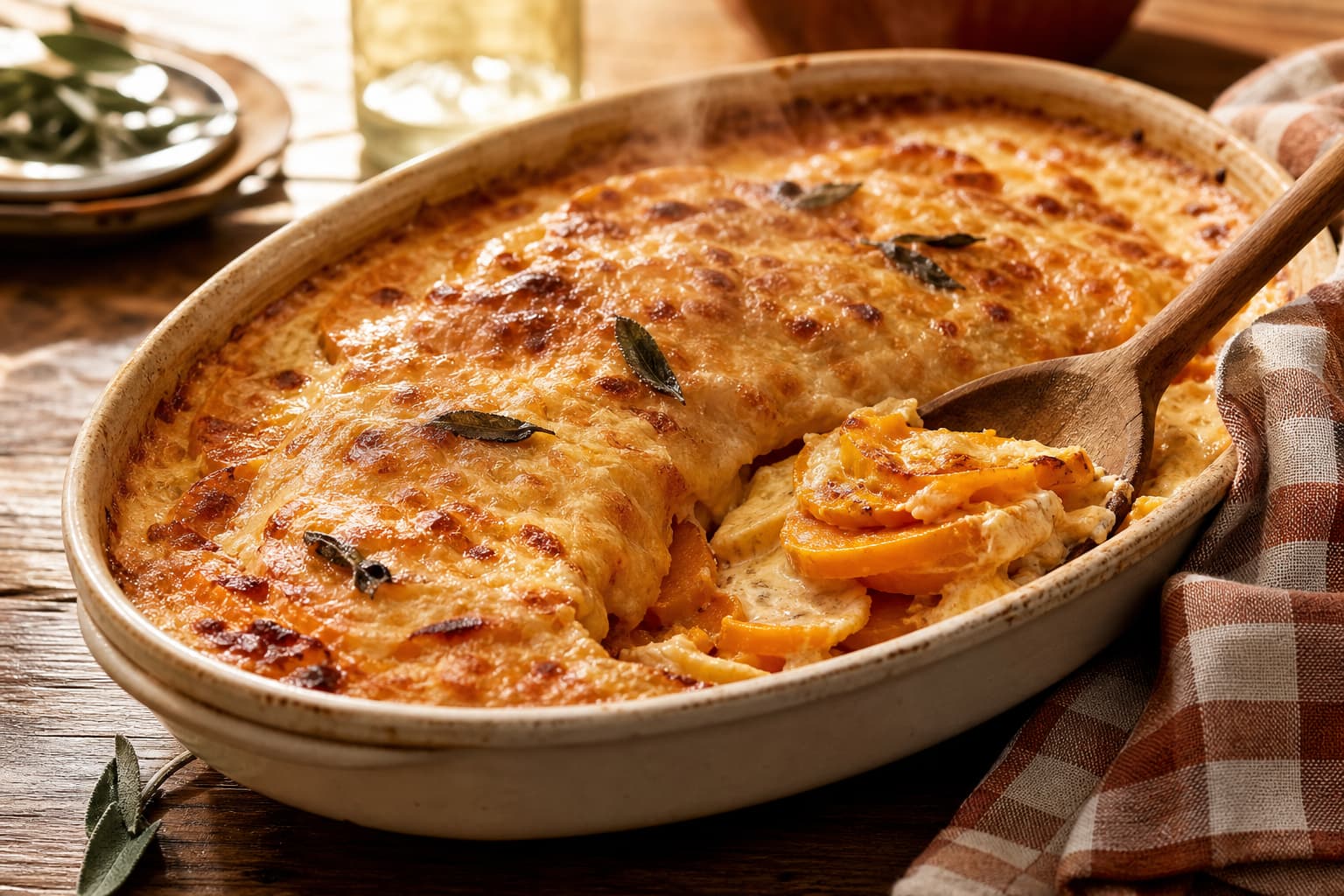 Un gratin de potimarron à la croûte de comté dorée et gratinée, servi dans un plat en céramique vintage avec une cuillère en bois soulevant une portion, dévoilant des couches de courge tendre dans une sauce crémeuse, dans un cadre de cuisine rustique baigné de lumière naturelle.