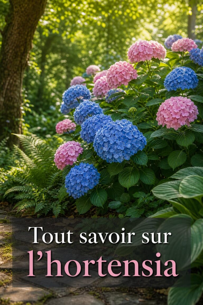 Gros plan d’un hortensia en fleurs aux tons bleus et roses, vu en contre-plongée, entouré de fougères et d’hostas dans un jardin ombragé, avec le texte superposé 'Tout savoir sur l’hortensia' sur fond sombre semi-transparent.