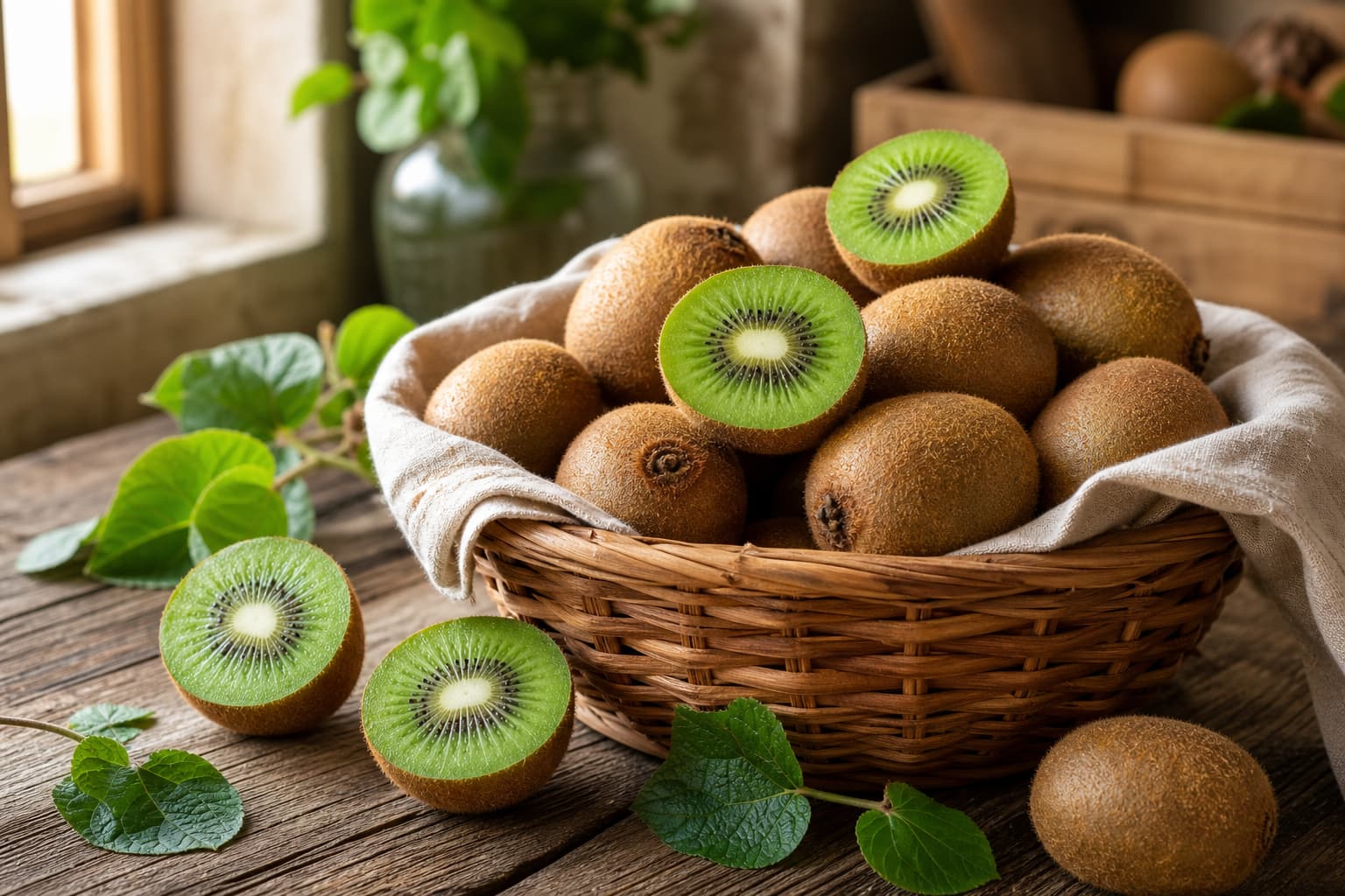 Kiwis bruns entiers et coupés en deux dans un panier en osier tapissé de tissu, sur un comptoir de ferme rustique, avec feuilles éparpillées et lumière douce de fenêtre.