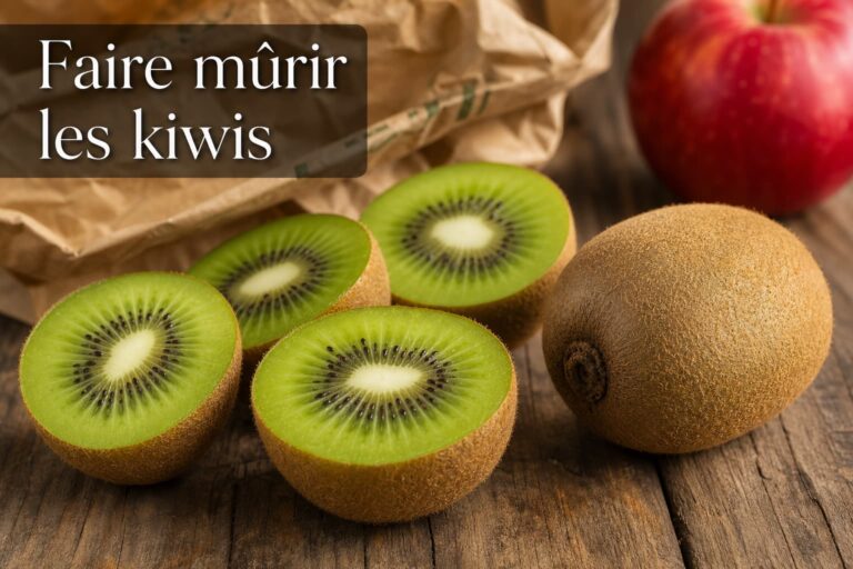 Plusieurs kiwis coupés en deux montrant leur chair verte et leurs graines noires, à côté d'un kiwi entier, disposés sur une surface en bois rustique, avec un sac en papier brun et une pomme rouge flous en arrière-plan, et le texte 'Faire mûrir les kiwis' en surimpression avec une ombre portée sur un fond sombre semi-transparent.