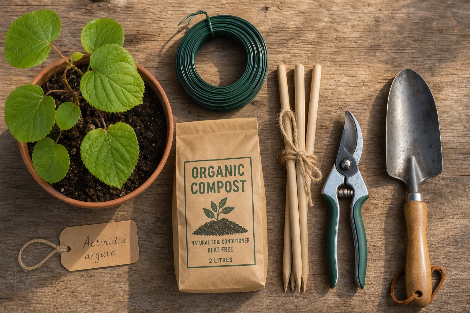Vue de dessus de fournitures de jardinage disposées sur une table en bois rustique, incluant un plant de kiwi en pot, du fil de jardin, un sac de compost, des tuteurs, un sécateur et une truelle, avec une lumière naturelle douce et des tons terreux chauds.