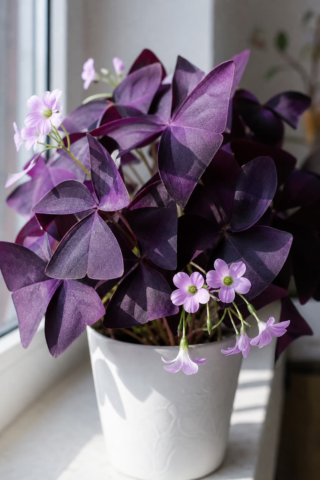 Oxalis triangularis en pot blanc sur un rebord de fenêtre, présentant des feuilles trifoliées pourpres profondes et des grappes de petites fleurs rose clair à cinq pétales, avec une lumière matinale douce projetant des ombres délicates sur un fond flouté.