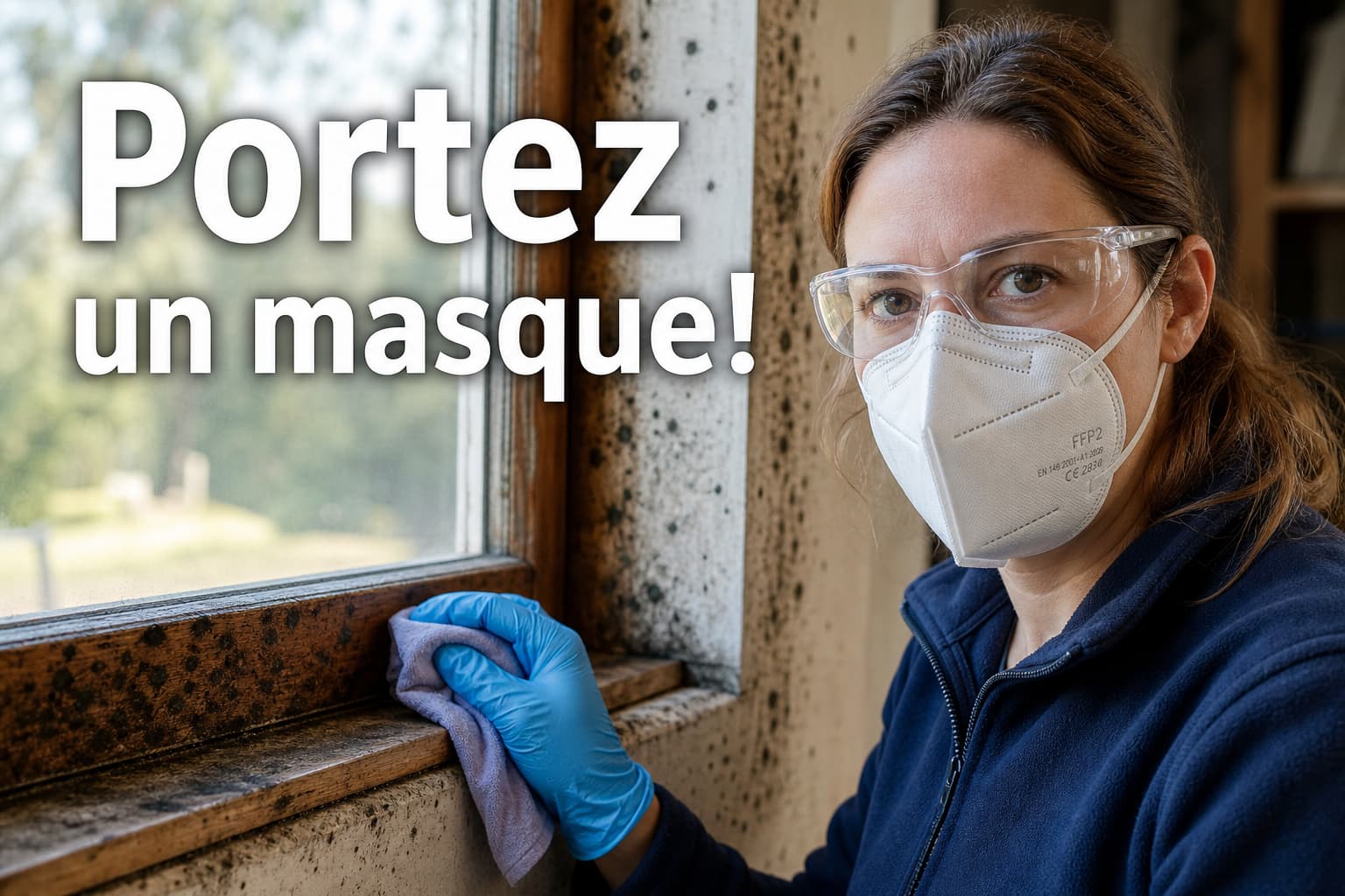 Personne portant un masque FFP2, des lunettes de sécurité et des gants bleus, tenant un chiffon devant une fenêtre en bois moisie, avec le texte