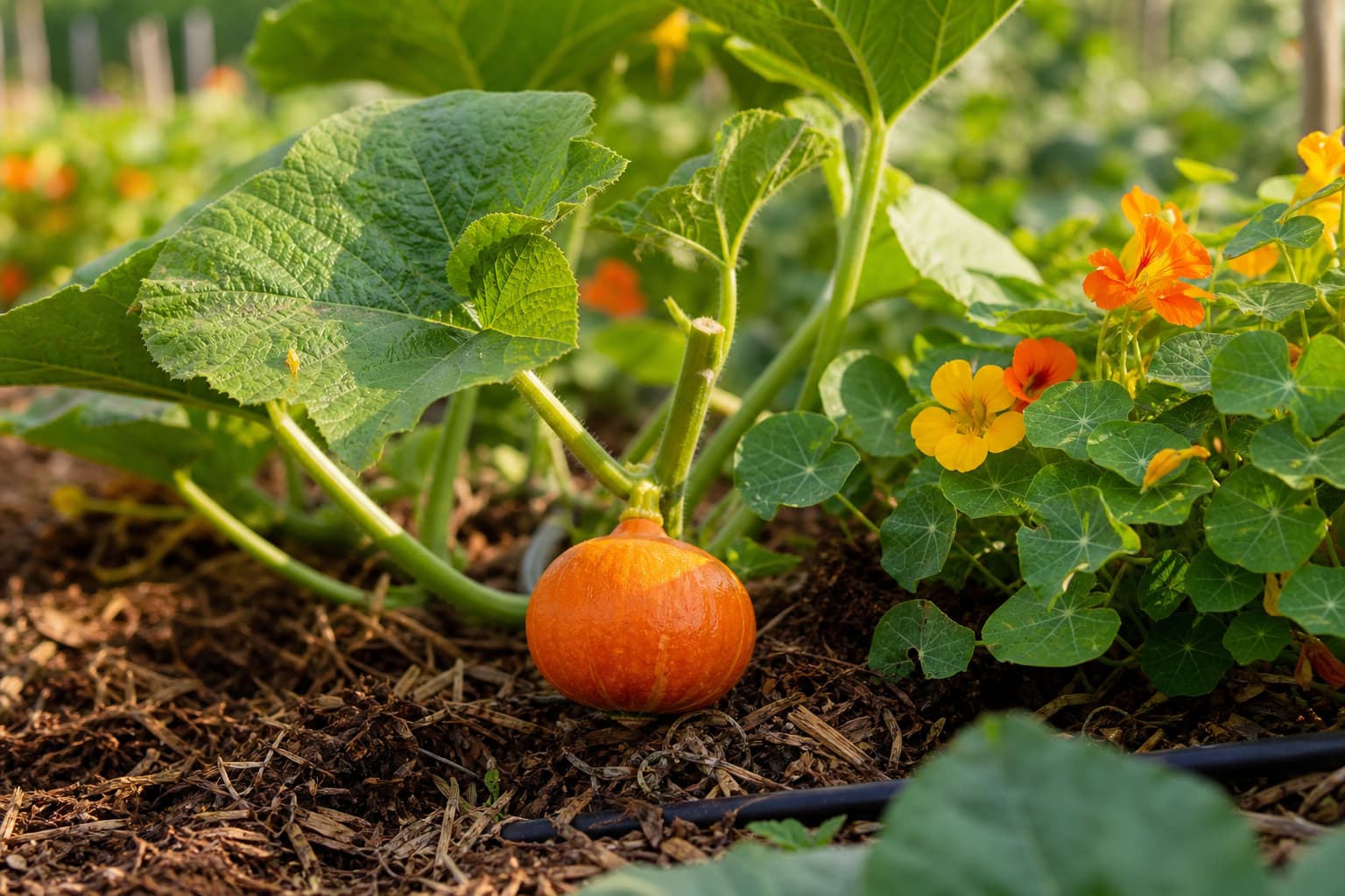 Potimarron plant with thick mulch, a developing orange fruit, healthy leaves, drip irrigation, and nasturtium flowers in warm golden sunlight with garden rows in the background.