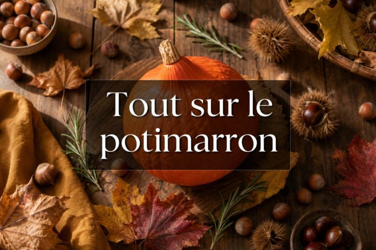 Vue aérienne d'une table rustique en bois avec un potimarron entier orange entouré de feuilles d'automne, châtaignes, brins de romarin et noisettes, baigné d'une lumière naturelle douce, et un bandeau central sombre semi-transparent avec le texte 'Tout sur le potimarron' en ombre portée.
