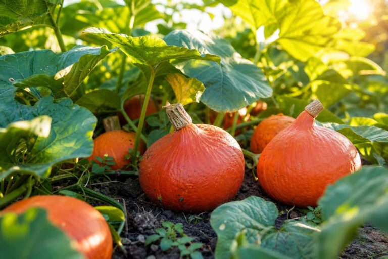 Plusieurs potimarrons orange mûrs reposent sur un sol sombre parmi de grandes feuilles vertes sous une lumière matinale douce.