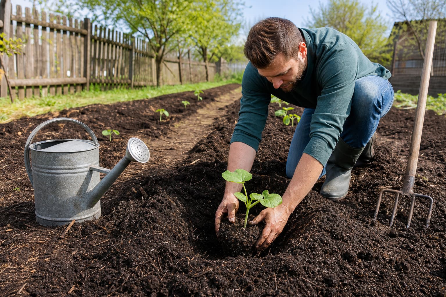 Un jardinier agenouillé repique un jeune plant de citrouille dans une terre sombre enrichie de compost, un arrosoir et une fourche de jardin reposant à côté, avec des rangées de plantation menant à une clôture en bois sous une lumière printanière.