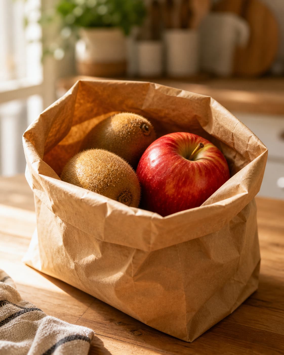 Sac en papier kraft brun légèrement ouvert contenant deux kiwis bruns duveteux et une pomme rouge vif, posé sur une table en bois clair, avec lumière du soleil du matin et arrière-plan flou de cuisine.