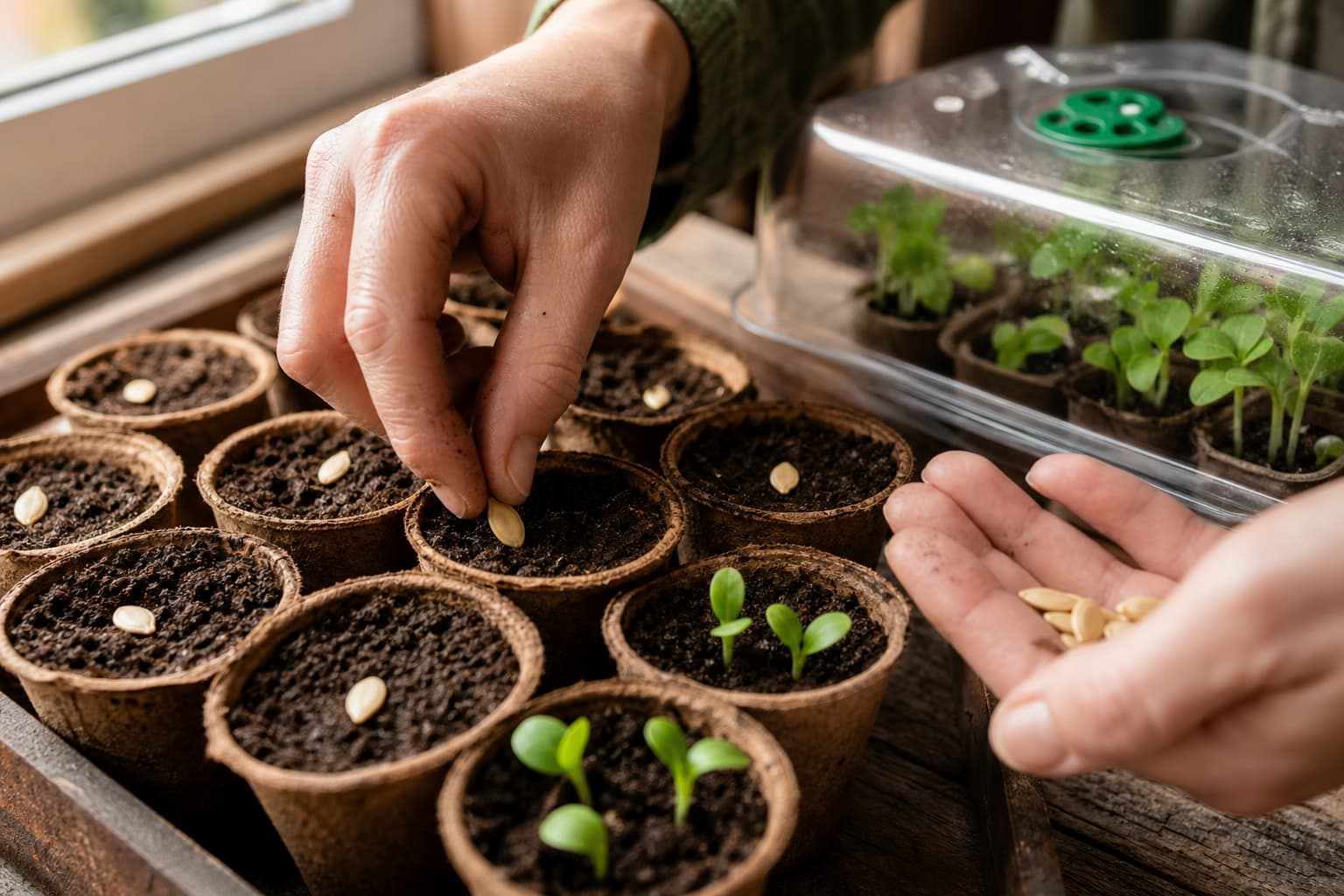 Des mains de jardinier sèment des graines de courge dans de petits godets biodégradables remplis de terreau foncé sur un plateau en bois près d