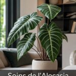 Plante d'alocasia en bonne santé aux grandes feuilles vertes nervurées, dans un intérieur moderne baigné d'une lumière naturelle douce, avec une barre sombre semi-transparente en bas affichant 'Soins de l'Alocasia'.