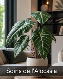 Plante d'alocasia en bonne santé aux grandes feuilles vertes nervurées, dans un intérieur moderne baigné d'une lumière naturelle douce, avec une barre sombre semi-transparente en bas affichant 'Soins de l'Alocasia'.