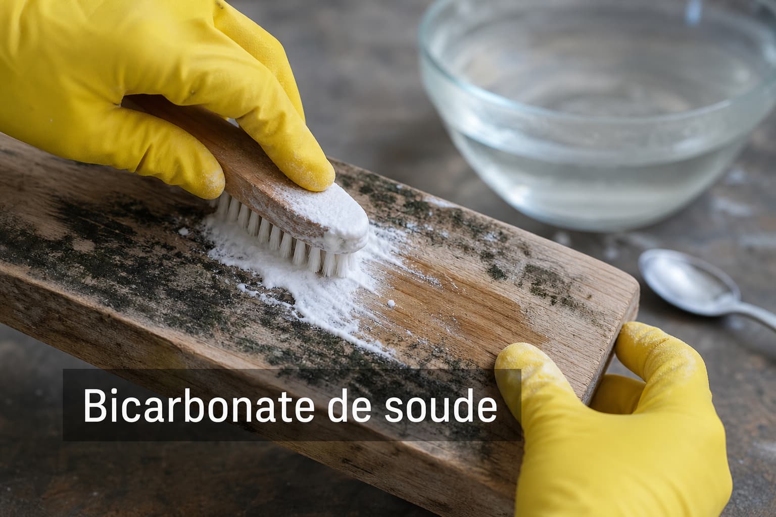 Main gantée de jaune frottant du bois brut taché de moisissure sombre avec une brosse trempée dans une pâte blanche de bicarbonate de soude, avec un bol d