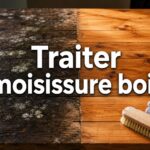 Plateau de table en bois coupé en deux montrant un côté sombre avec des taches de moisissure et l'autre côté propre et huilé, un vaporisateur, un chiffon microfibre et une brosse douce disposés à côté, éclairage latéral naturel, avec le texte 'Traiter moisissure bois' superposé.