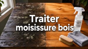 Plateau de table en bois coupé en deux montrant un côté sombre avec des taches de moisissure et l'autre côté propre et huilé, un vaporisateur, un chiffon microfibre et une brosse douce disposés à côté, éclairage latéral naturel, avec le texte 'Traiter moisissure bois' superposé.