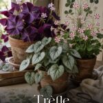 Composition de plantes oxalis en pots en terre cuite, incluant les variétés Oxalis triangularis pourpre à fleurs roses, Oxalis adenophylla aux feuilles argentées en cœur, et Oxalis versicolor à fleurs rayées, sous une lumière naturelle douce, avec un dégradé sombre en bas et le texte superposé 'Trèfle d'exception'.