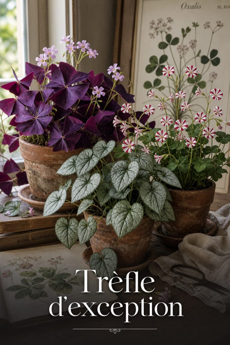 Composition de plantes oxalis en pots en terre cuite, incluant les variétés Oxalis triangularis pourpre à fleurs roses, Oxalis adenophylla aux feuilles argentées en cœur, et Oxalis versicolor à fleurs rayées, sous une lumière naturelle douce, avec un dégradé sombre en bas et le texte superposé 'Trèfle d'exception'.